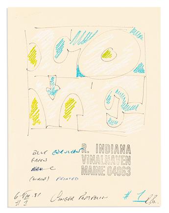 INDIANA, ROBERT. Group of 22 drawings, most in pencil, designs for various artworks or advertisements,